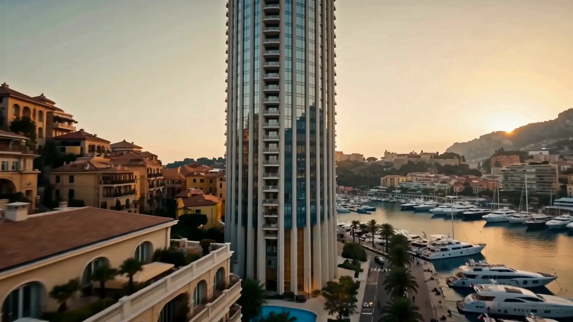 A glass residential tower above a Riviera harbour at sunset, an AI-generated frame from the MERIDIAN film