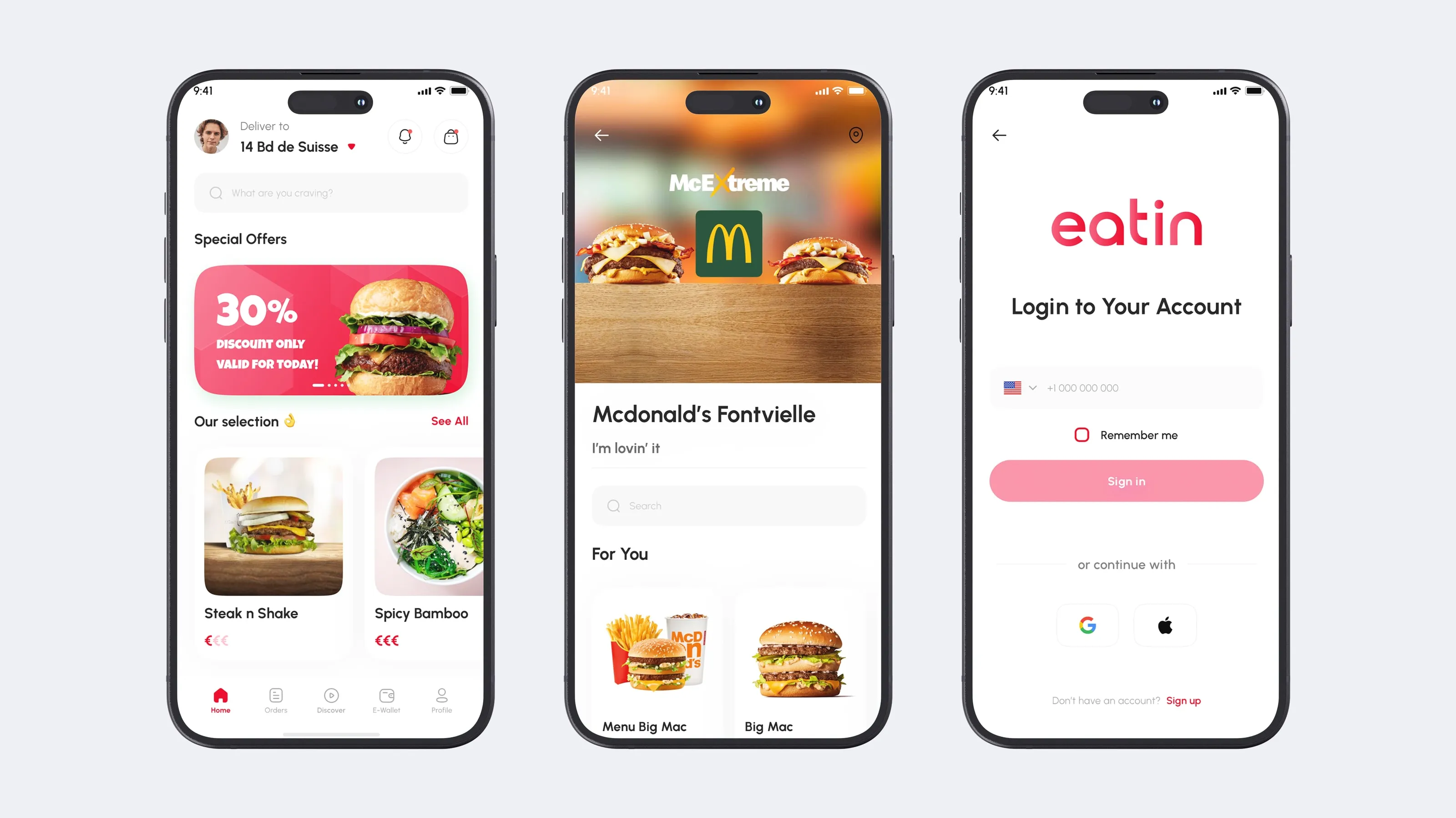 Mockup of three phones side by side: the eatin home screen with a delivery address, a 30% burger offer under Special Offers and restaurants under Our selection; a McDonald's Fontvieille restaurant page with a McExtreme banner and burgers under For You; and the sign-in screen, Login to Your Account, with Google and Apple buttons