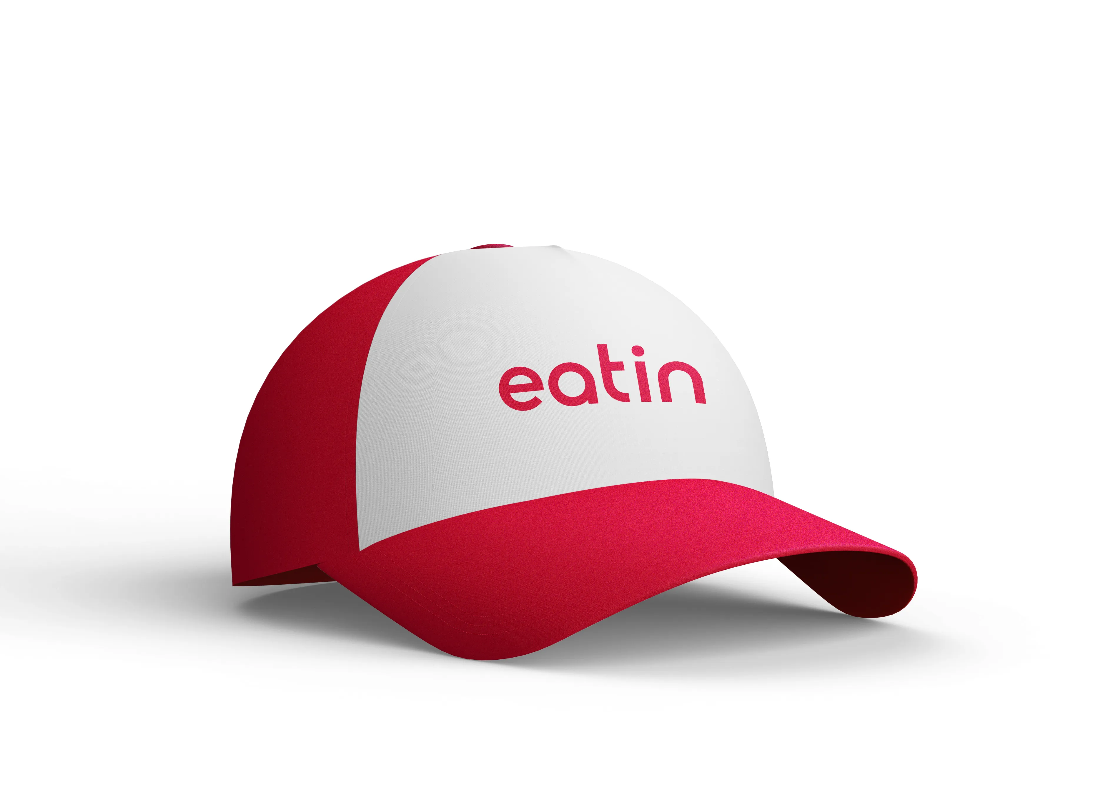 Mockup of a cap with a white front panel carrying the red eatin wordmark, red sides and a red peak