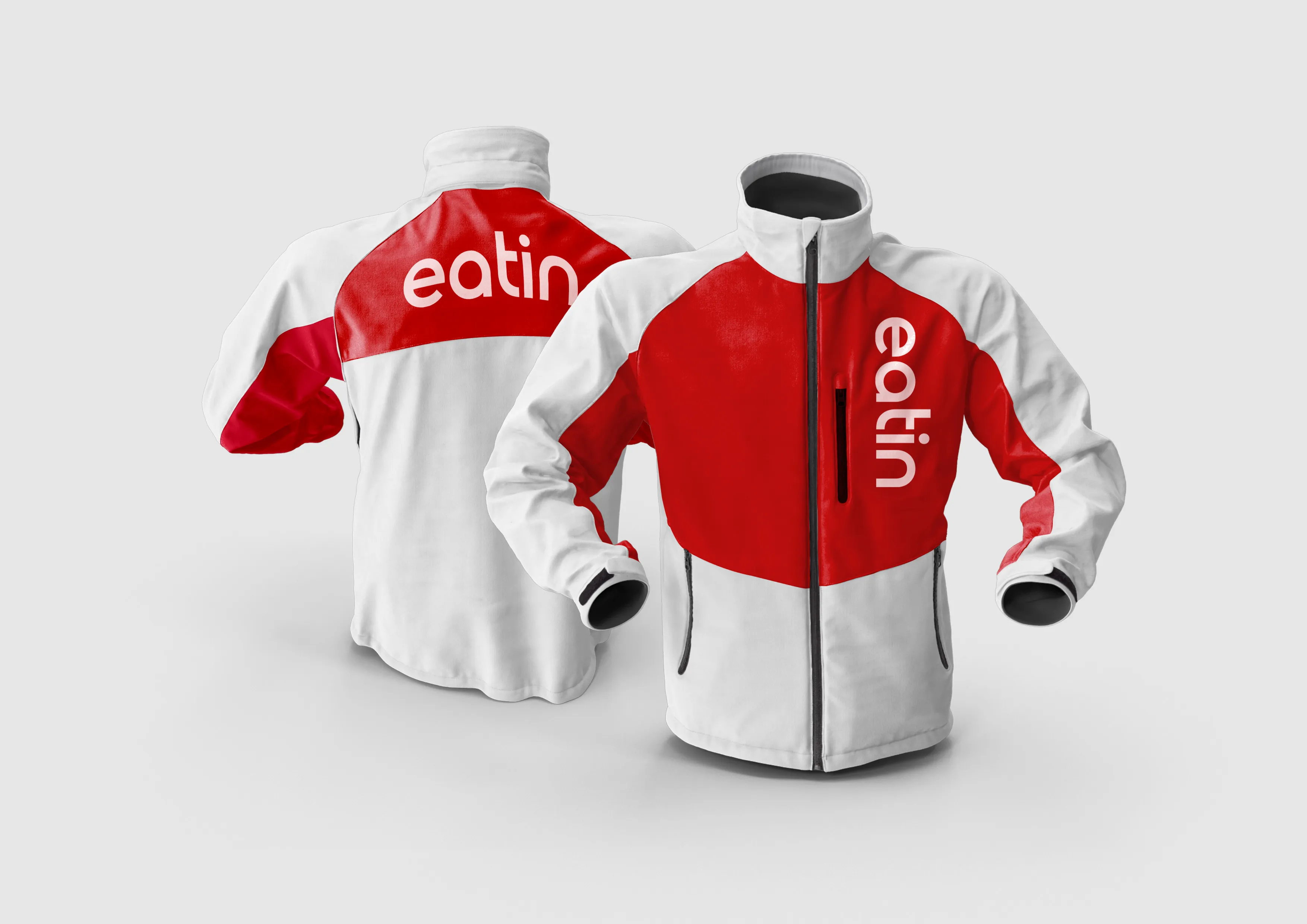 Maquette d’une veste de livreur eatin rouge et blanche, avec le logotype eatin