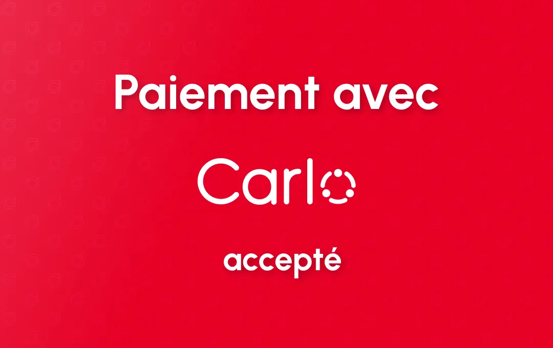 Red launch ad in white lettering: Paiement avec, the Carlo logo, then accepté
