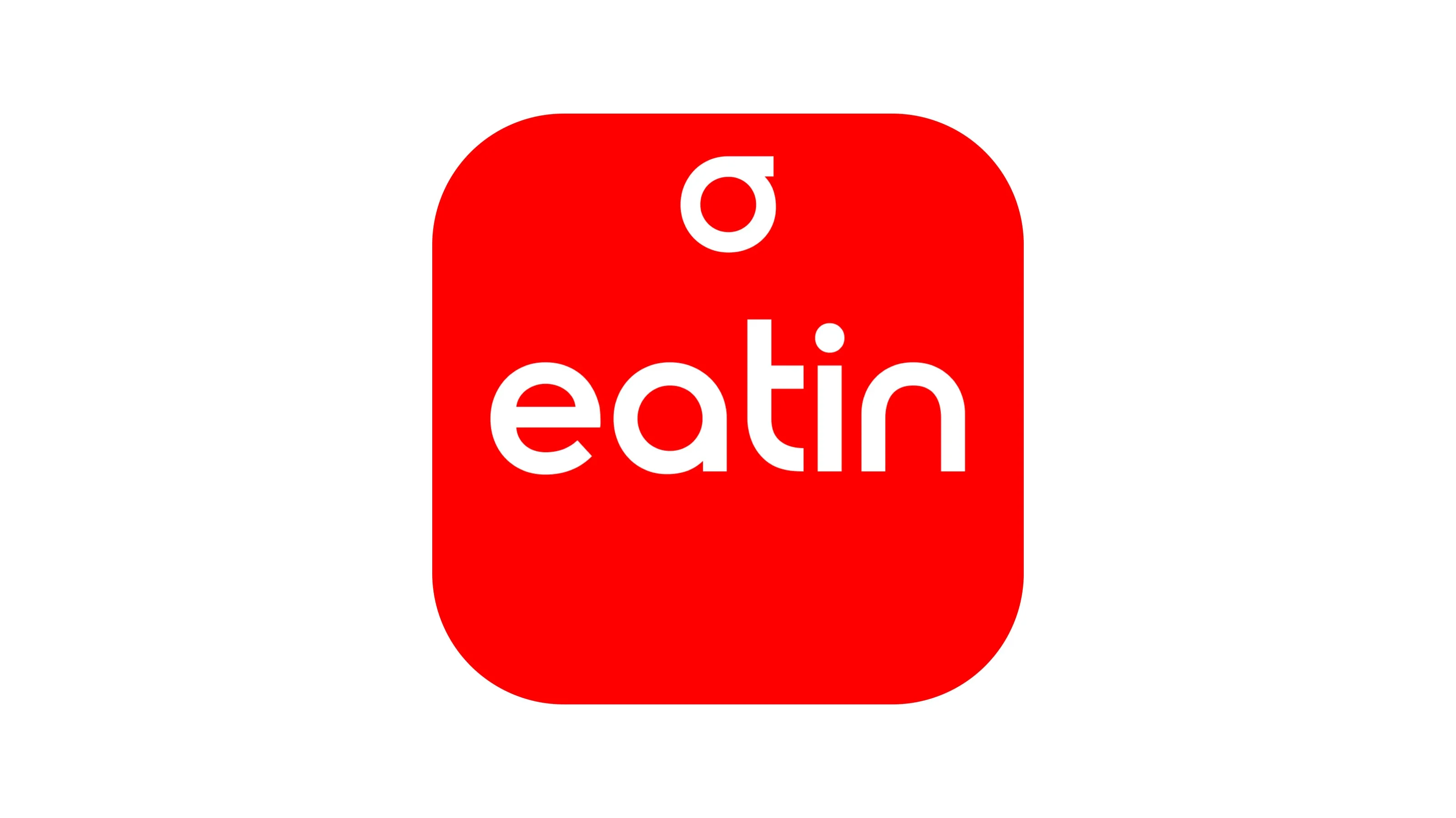 First version of the new logo: a red app icon with rounded corners, with a small white ring, a short bar running off its top right, above the white eatin wordmark