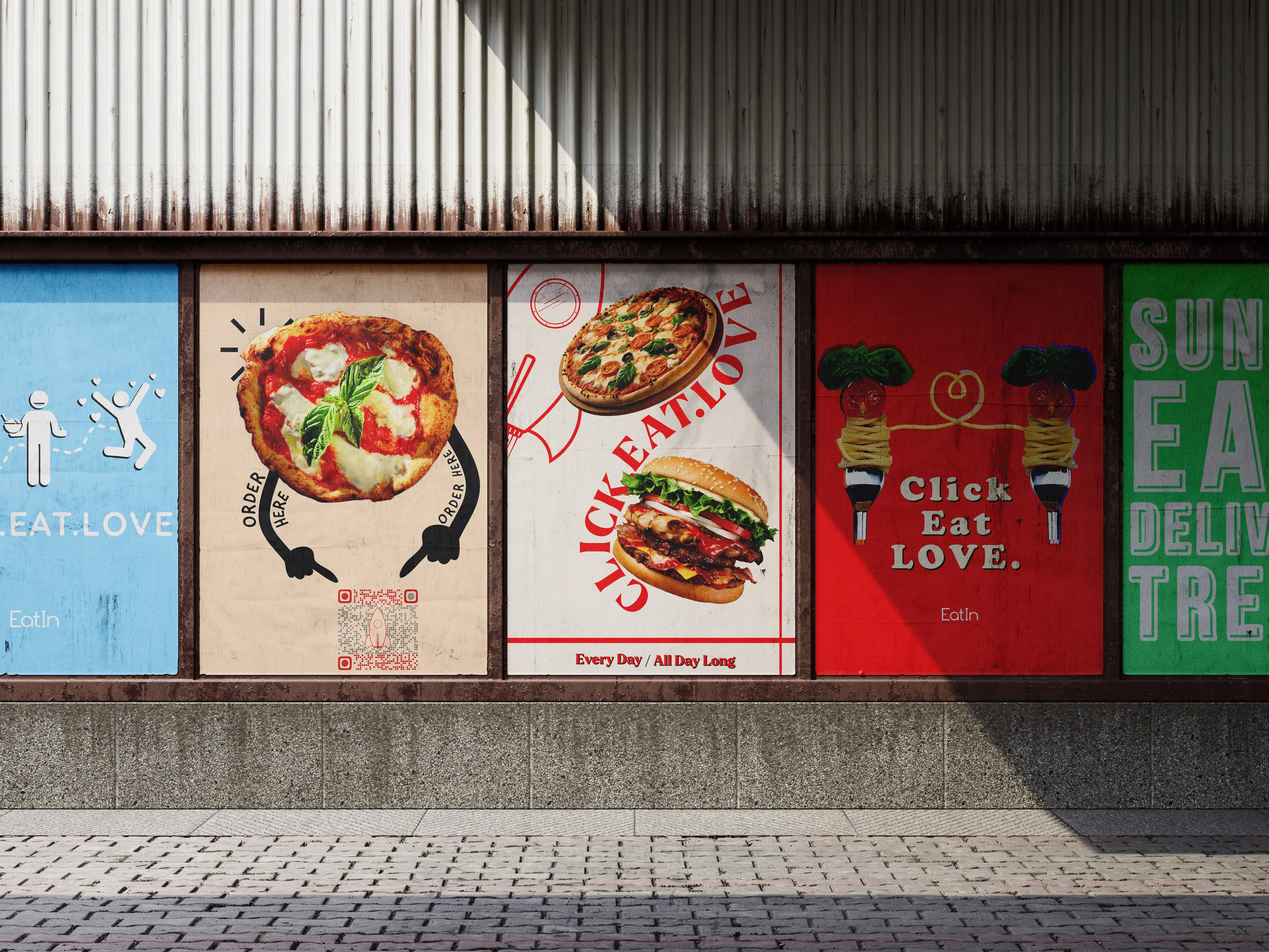 Mockup of five eatin posters along a street wall beneath corrugated metal cladding: a sky-blue poster with stick figures, a pizza with cartoon arms pointing to a QR code, a pizza and a burger either side of the words Click Eat Love, two forks of spaghetti joined in a heart on red, and a green type poster cut off at the edge