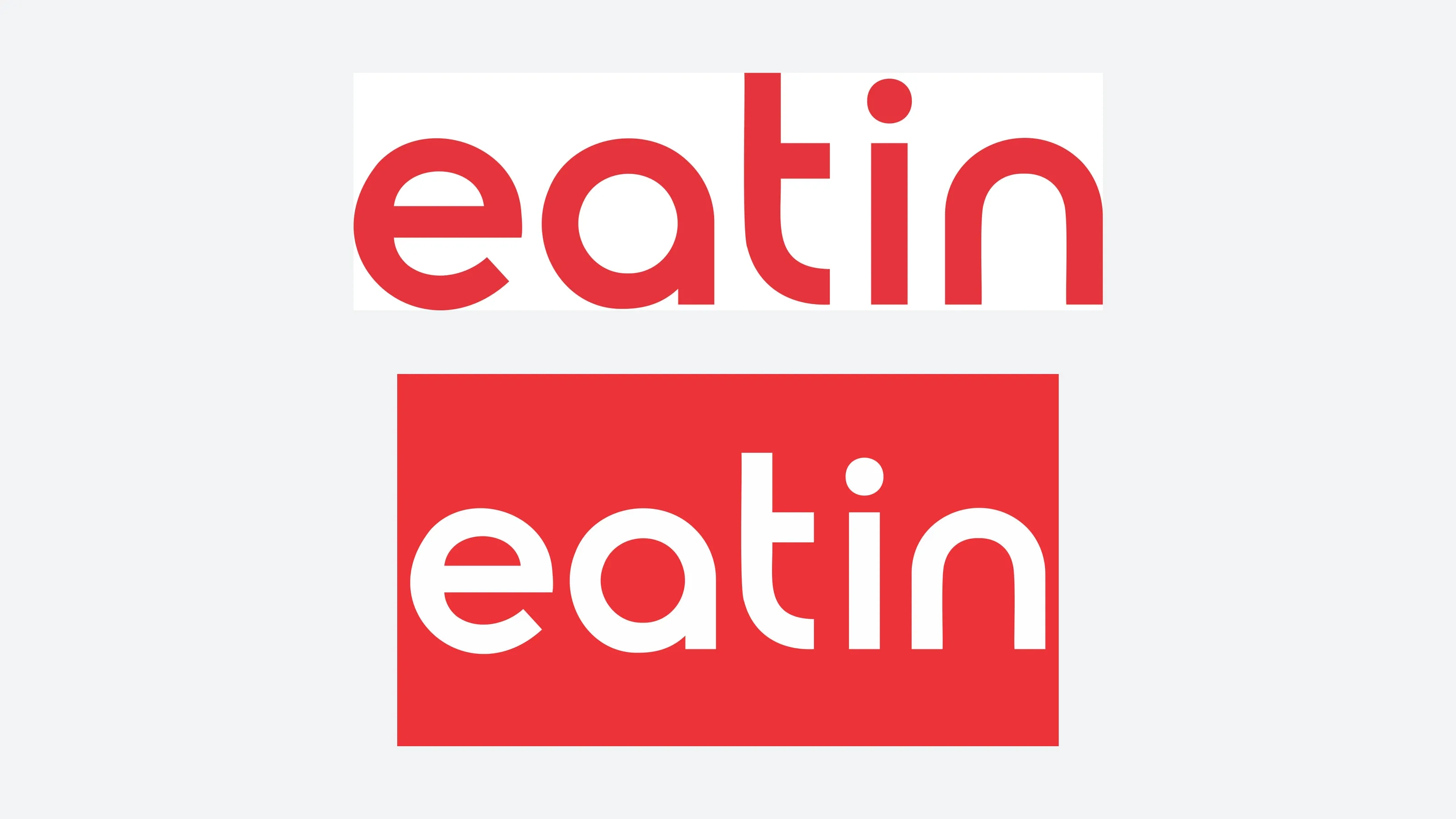 Print files for two rectangular stickers: the eatin wordmark in red on a white strip, and the wordmark in white on a red panel