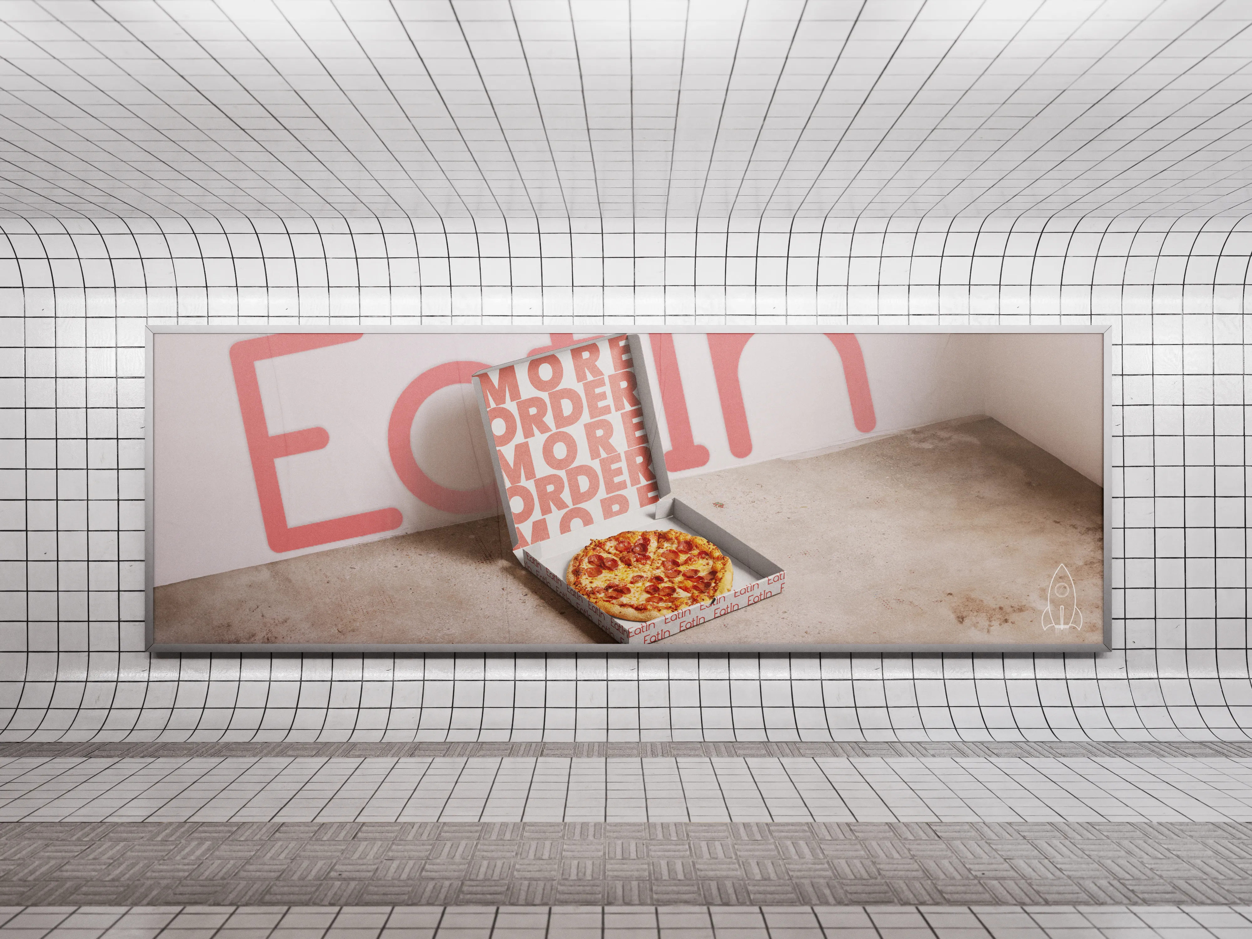 Mockup of a long eatin billboard in a white tiled tunnel: a pepperoni pizza in an open box whose lid repeats the words order and more, in front of the old wordmark in large pink letters