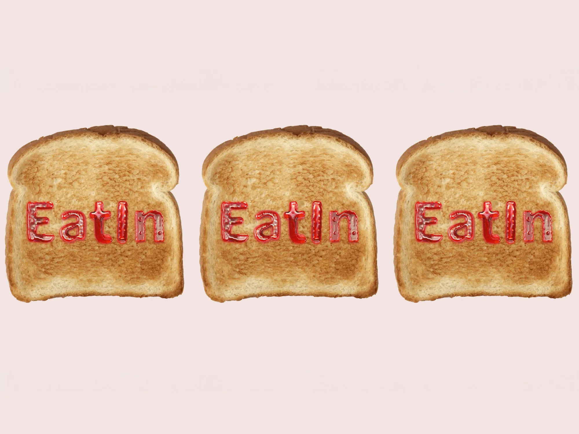 Three slices of toast in a row on a pale pink background, each with the name EatIn written across it in glossy red jam