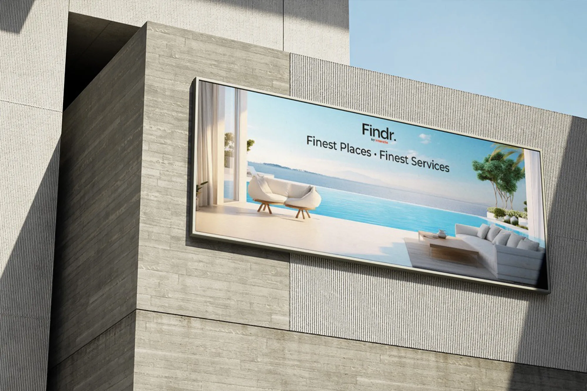 Mockup of a Findr billboard on a concrete facade, showing a sea-view terrace and the line Finest Places, Finest Services