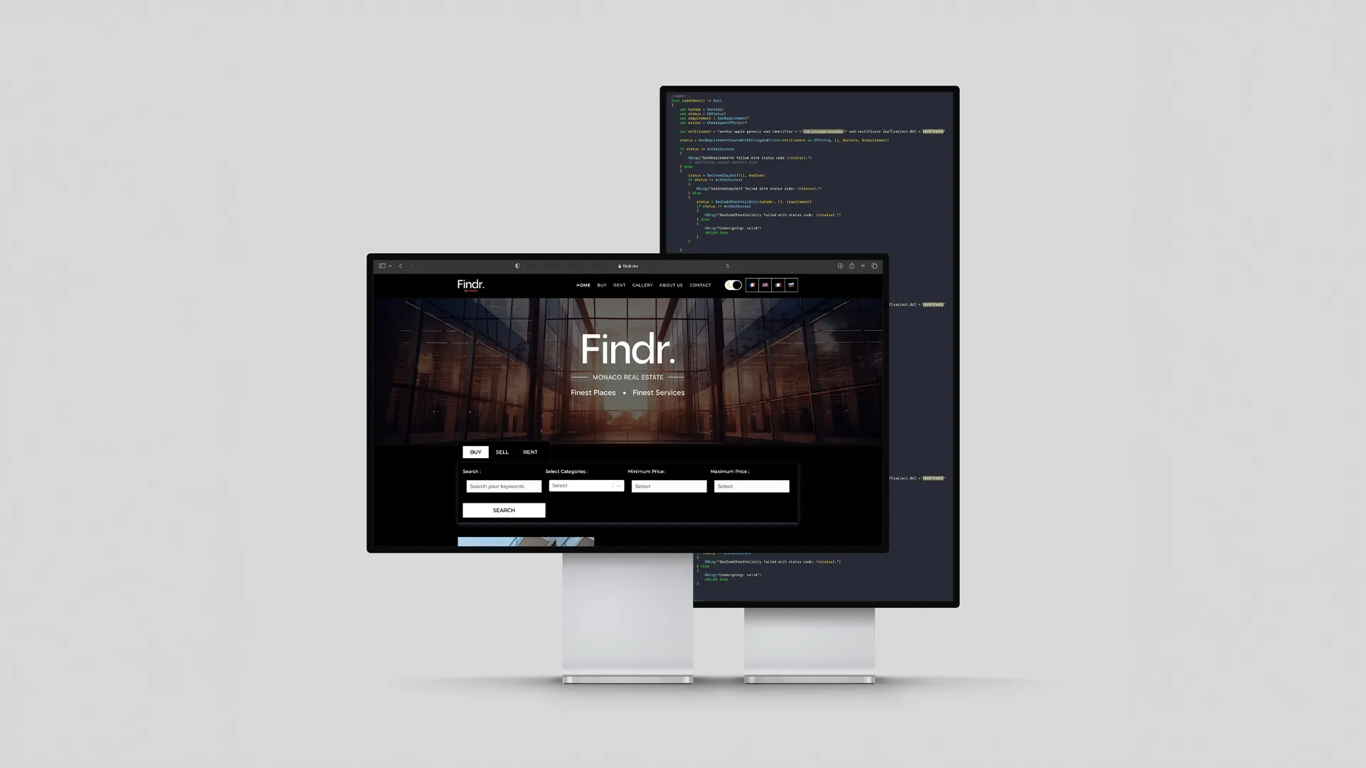 Mockup of the Findr home page in the dark theme on a large display, with a second screen full of code standing behind it