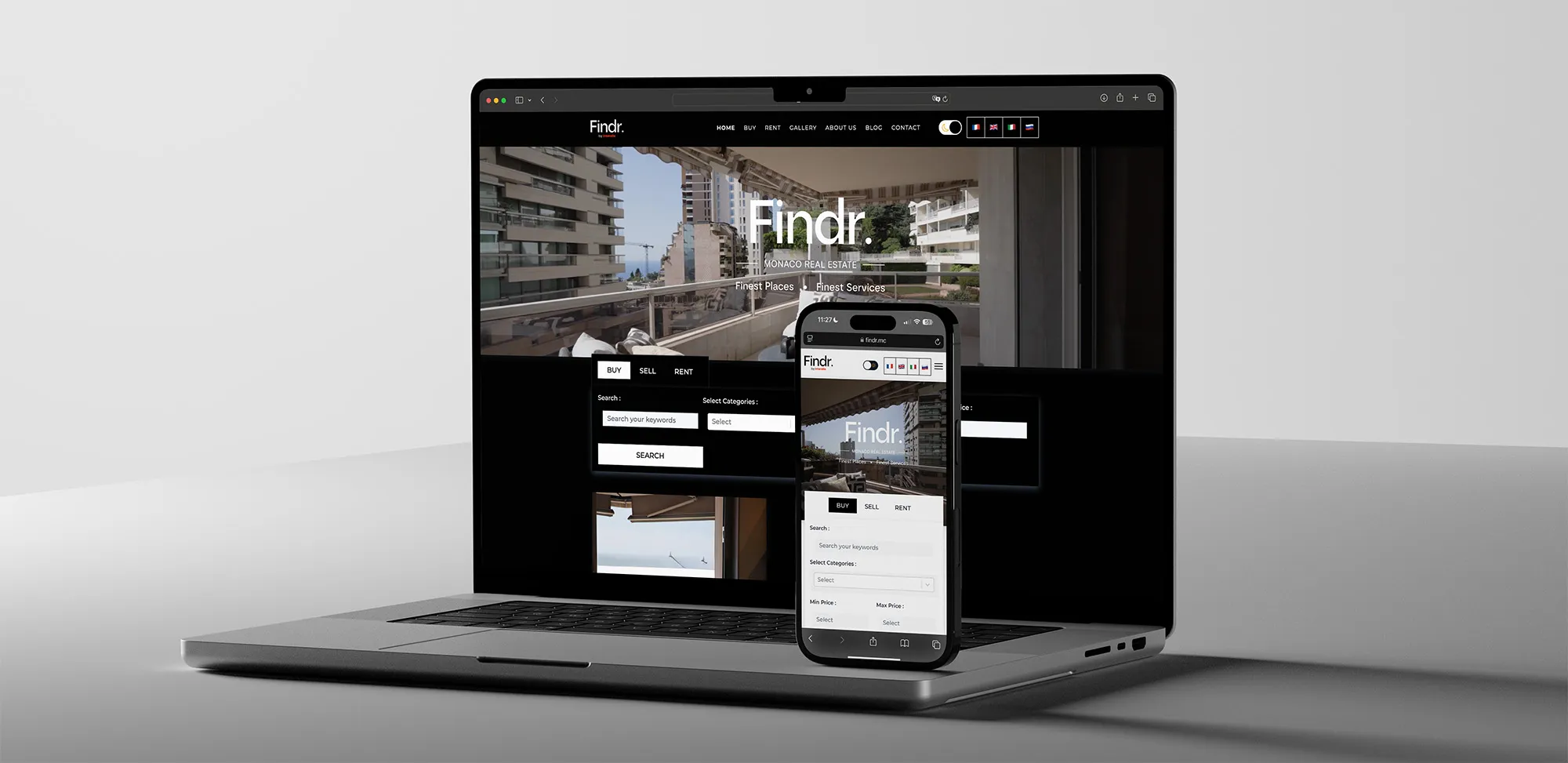 Mockup of the Findr home page in the dark theme on a laptop, with a phone in front showing the same page in the light theme