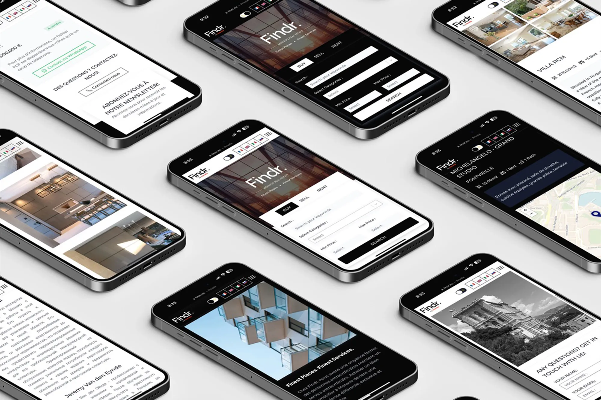 Mockup of rows of phones showing pages of the Findr website in the dark and light themes: the home page search, property pages with photos and a map, and a contact form