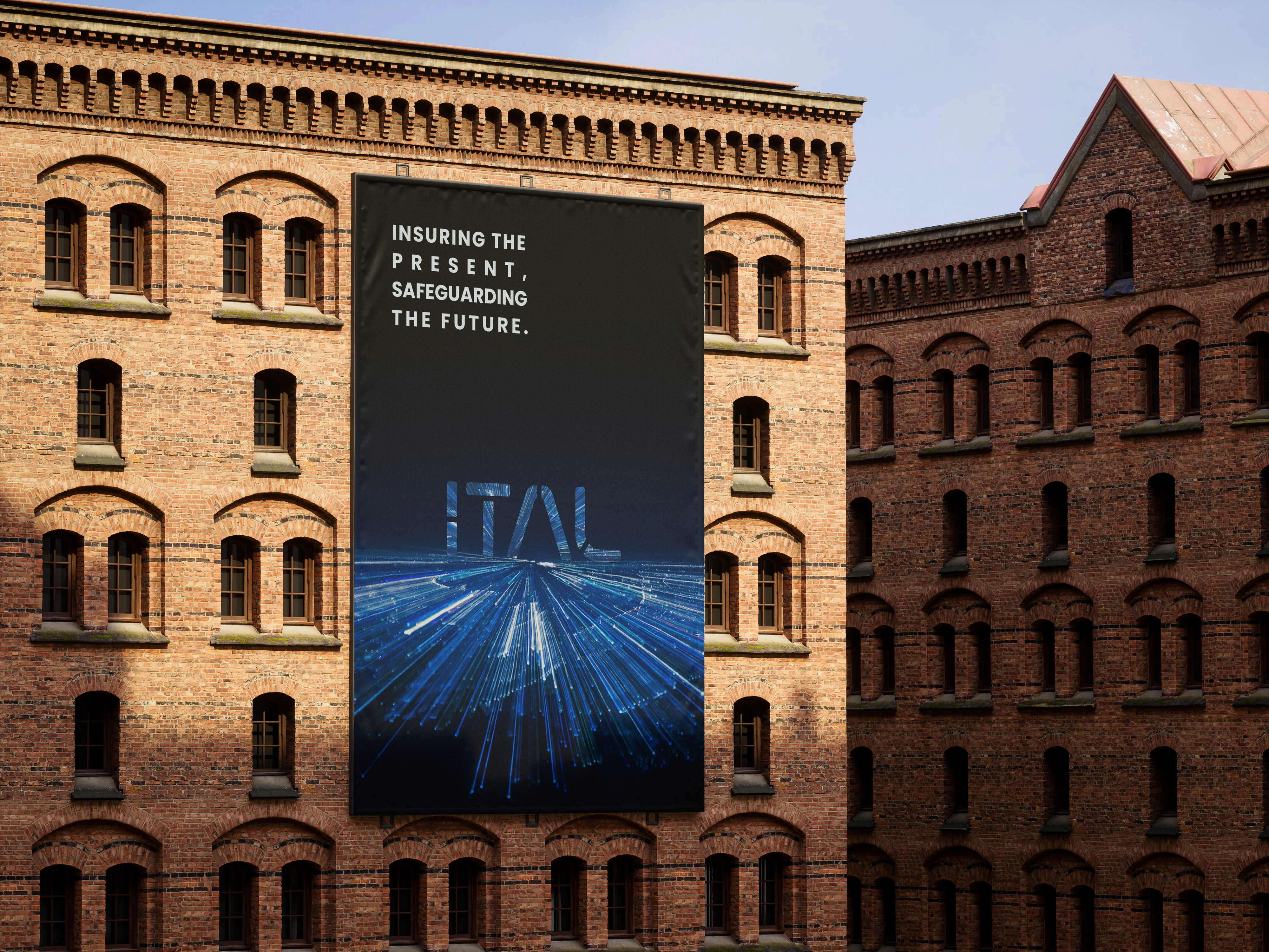 Mockup of a tall black ITAL banner on a brick building, with the line Insuring the present, safeguarding the future