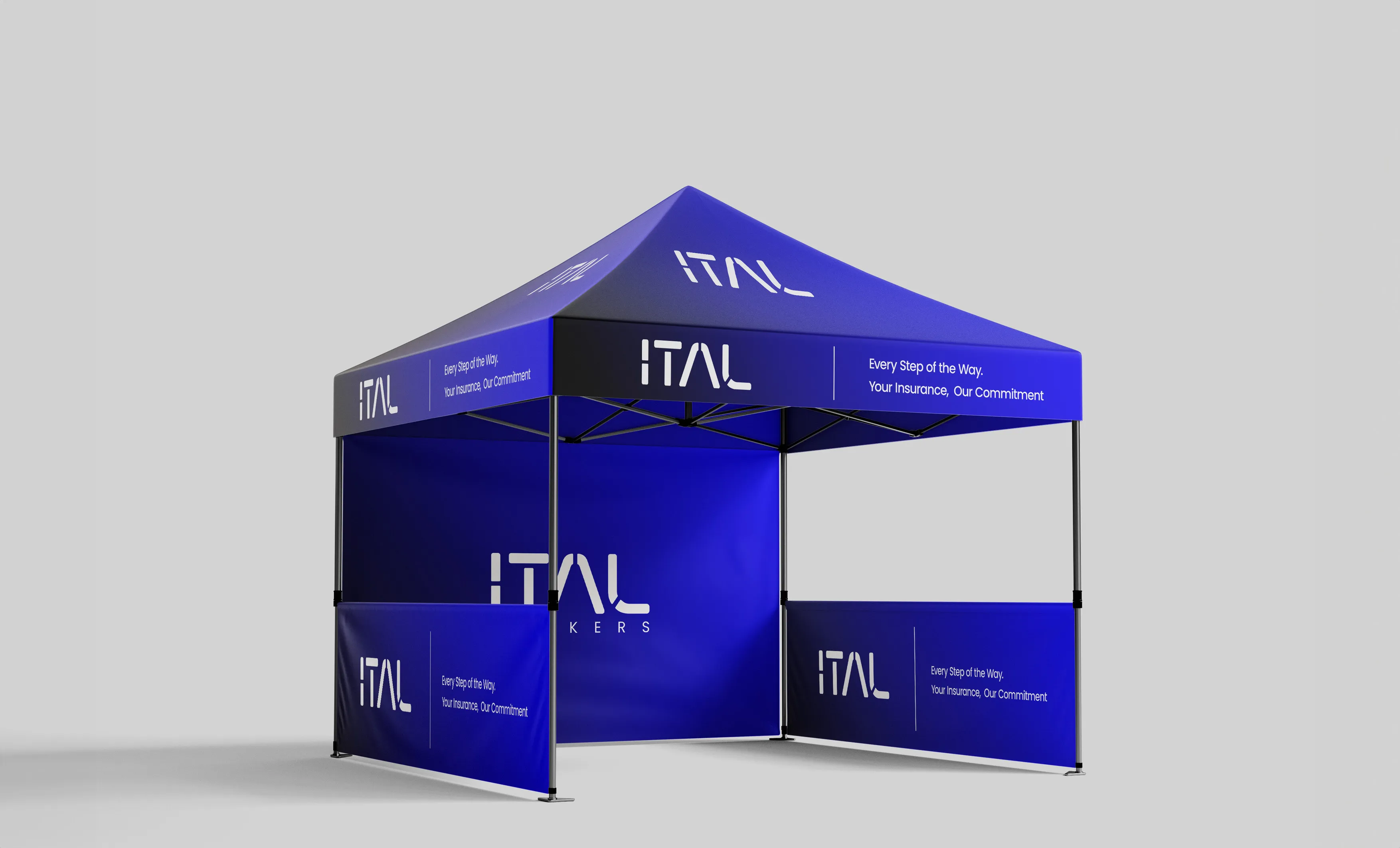 Mockup of a deep blue ITAL event tent with white logos on the roof and side panels