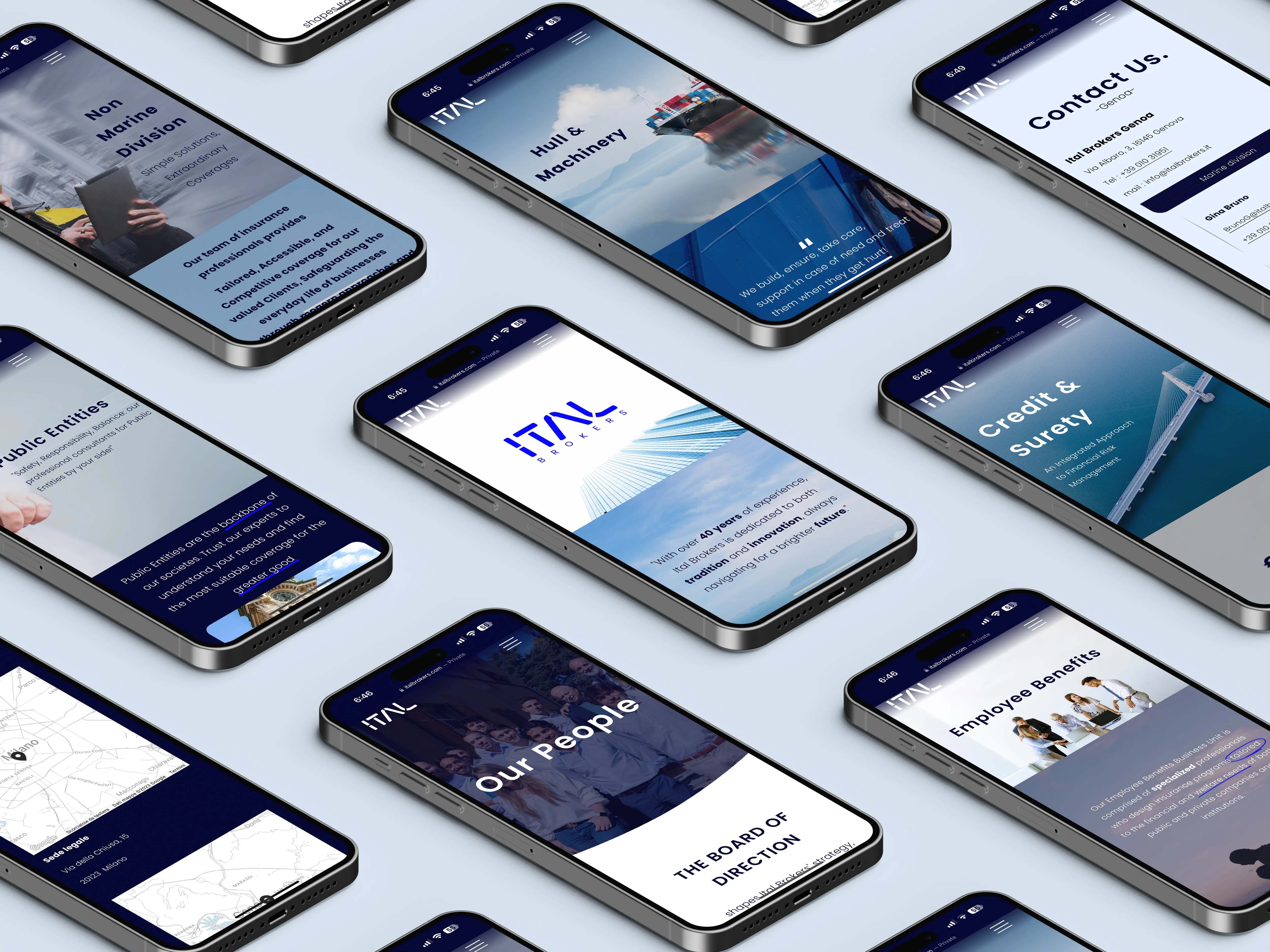 Mockup of rows of phones showing pages of the ITAL Brokers website, including Hull and Machinery, Credit and Surety and Employee Benefits