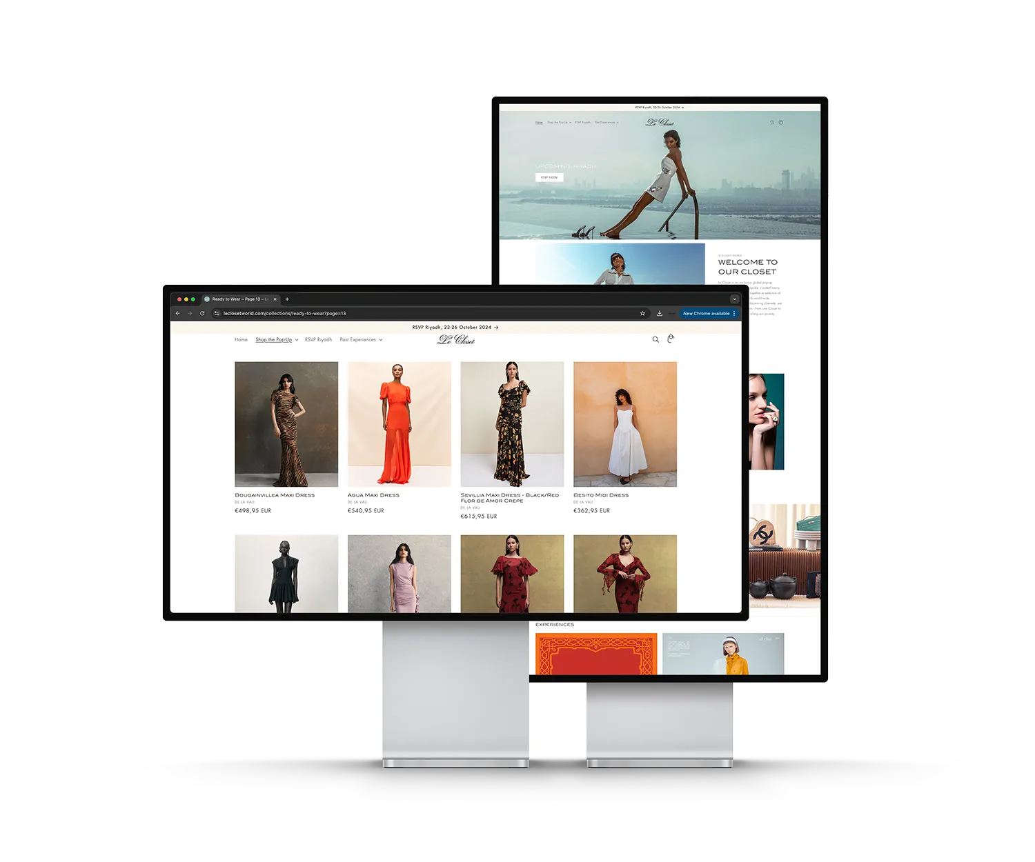 Mockup of two large displays showing the Le Closet website: the ready-to-wear collection with rows of dresses in front, and the home page announcing the Riyadh pop-up behind it