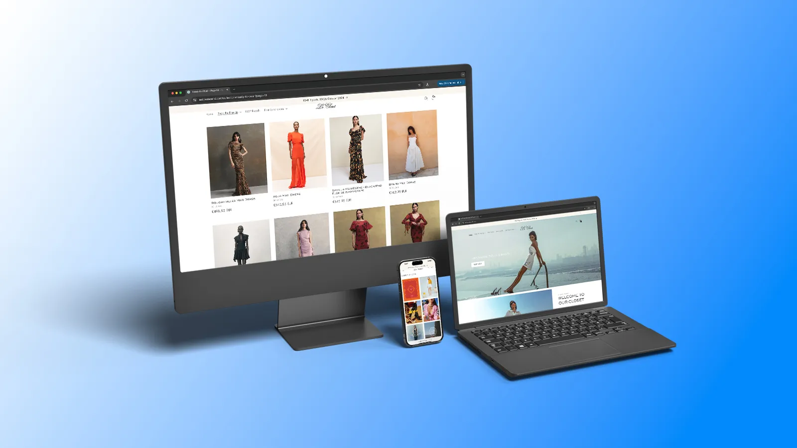 Mockup of the Le Closet store on a desktop monitor, a laptop and a phone against a blue gradient: a grid of dresses, the home page announcing Riyadh and the Experiences page