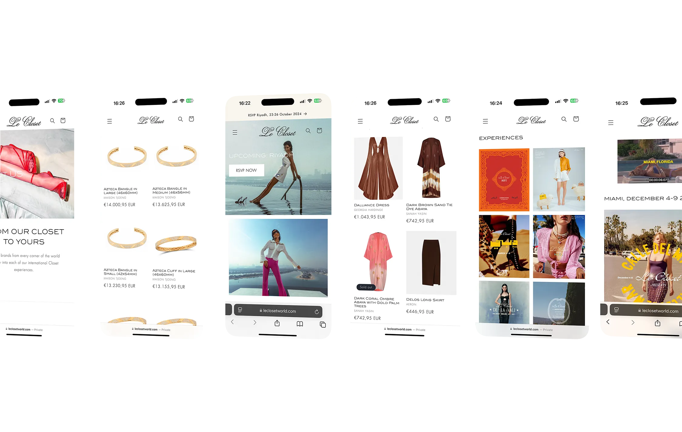 Six phone screens of the Le Closet online store, from jewellery to dresses and event pages