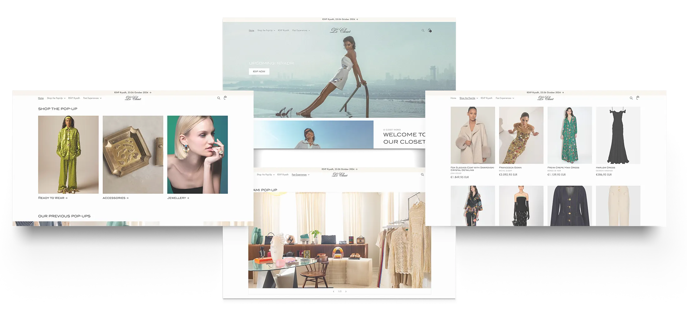 Four desktop pages of the Le Closet website: the home page announcing the Riyadh pop-up with an RSVP button, the Shop the Pop-Up page split into ready-to-wear, accessories and jewellery, a gallery of the Miami pop-up, and a grid of dresses and coats
