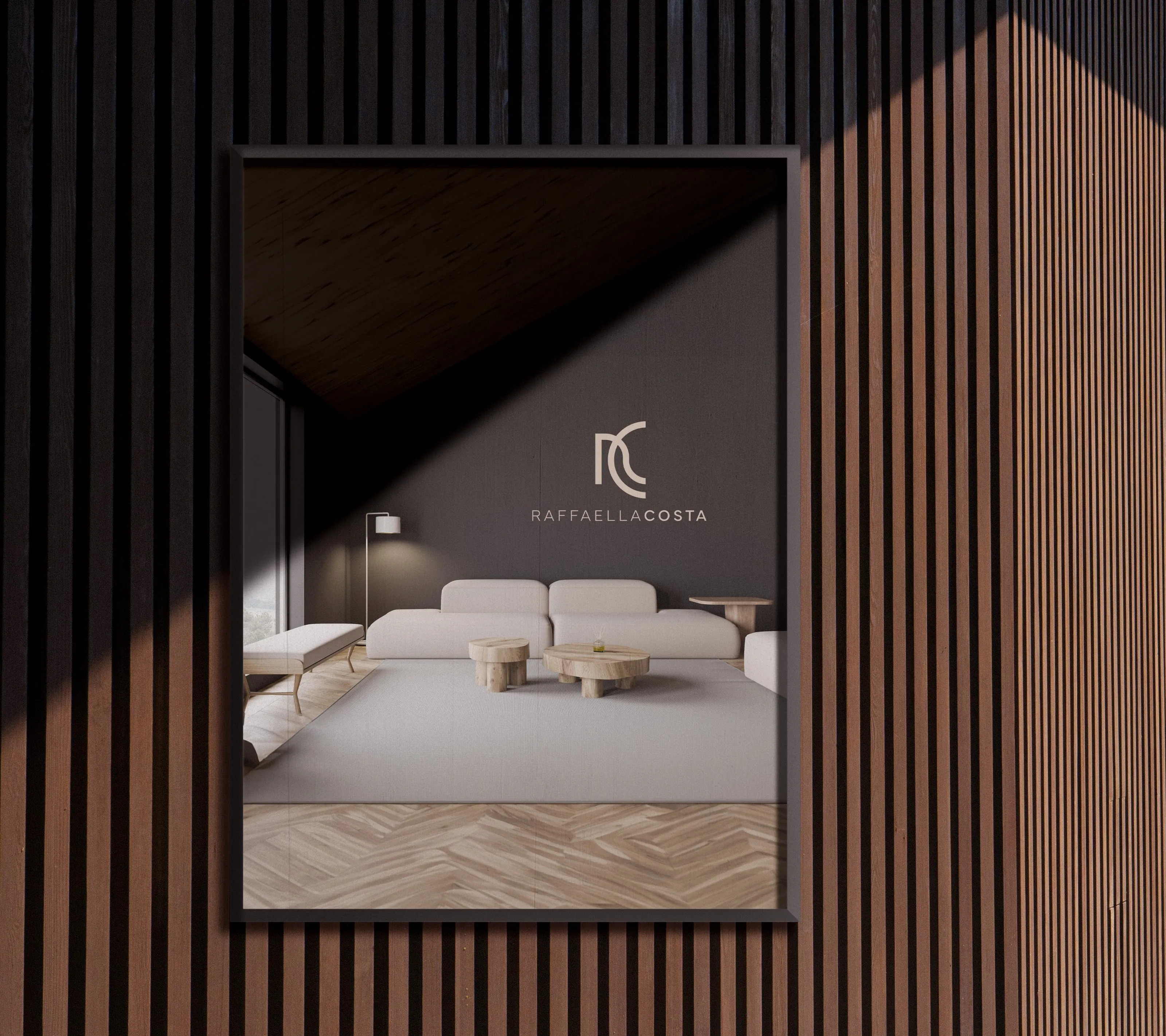 Mockup of a large framed panel on a wall of wooden slats, showing a living room with the monogram and the wordmark on its dark wall