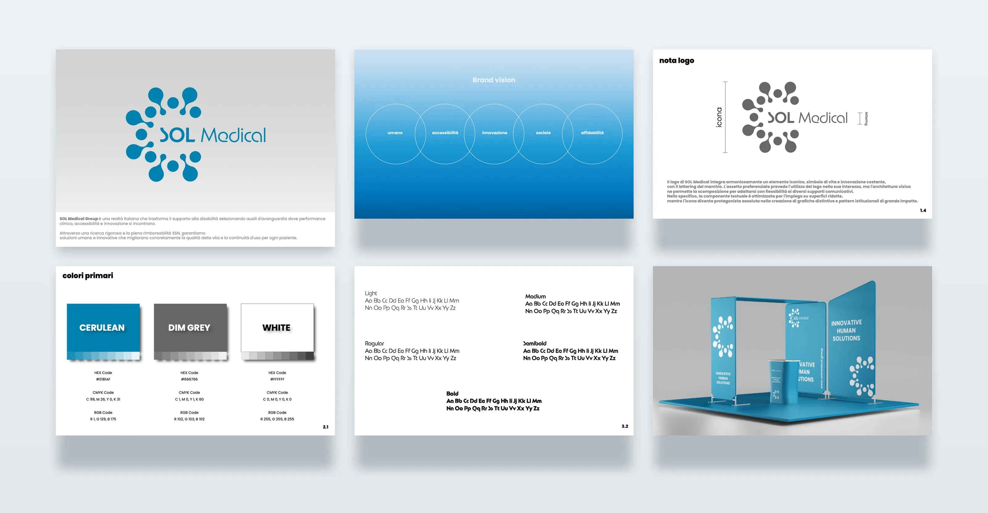 Six pages of the SOL Medical brand book on a light grey background: the cerulean logo on grey, the vision page with five overlapping circles on a blue gradient, the logo note with the logo in dim grey, the three primary colours Cerulean, Dim Grey and White with their codes, the five weights of New Astro and a mockup of the fair stand