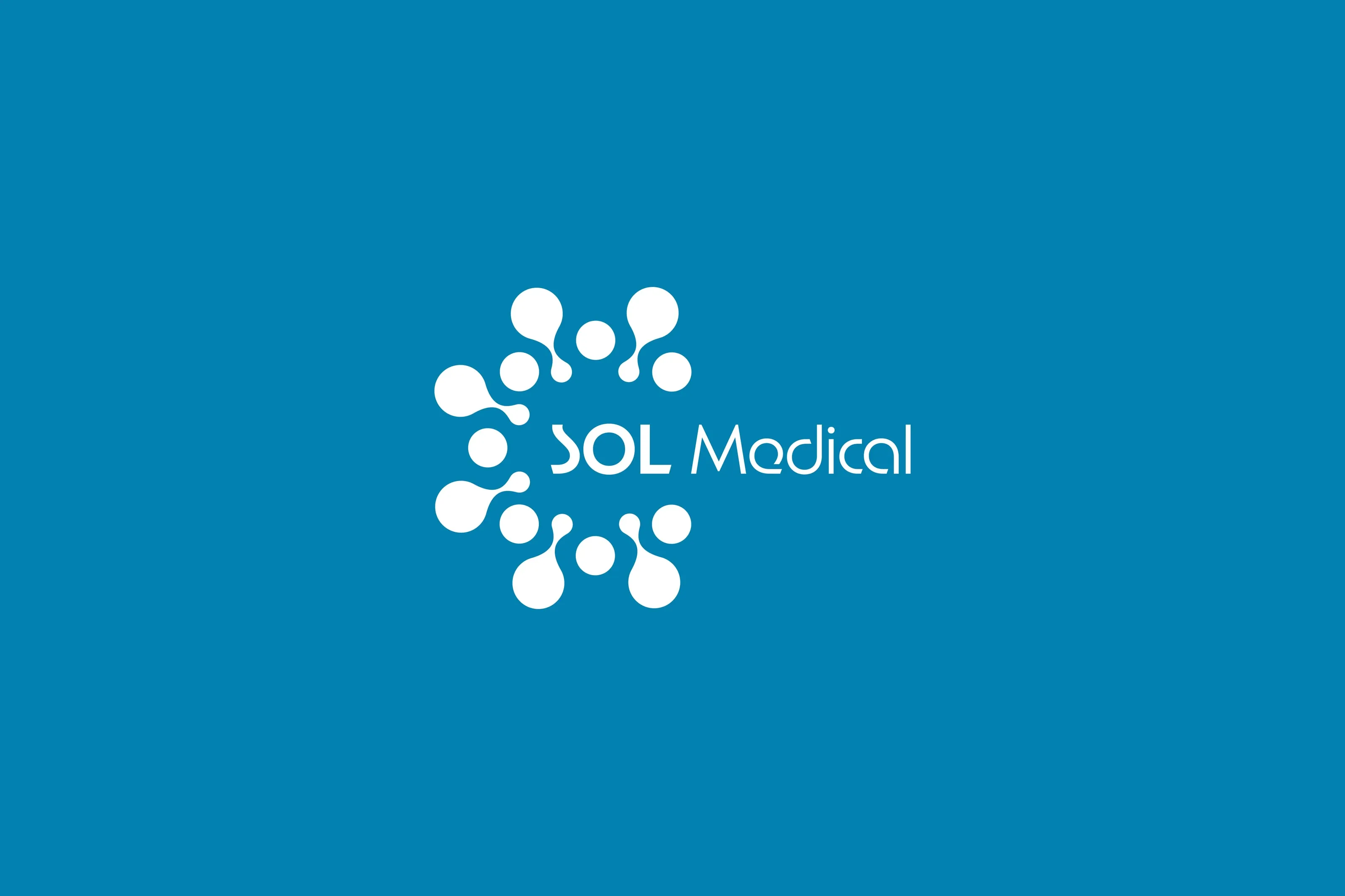 The full SOL Medical logo in white on cerulean: a ring of circles, some joined by short stems, open on the right, with the name SOL Medical set in the opening