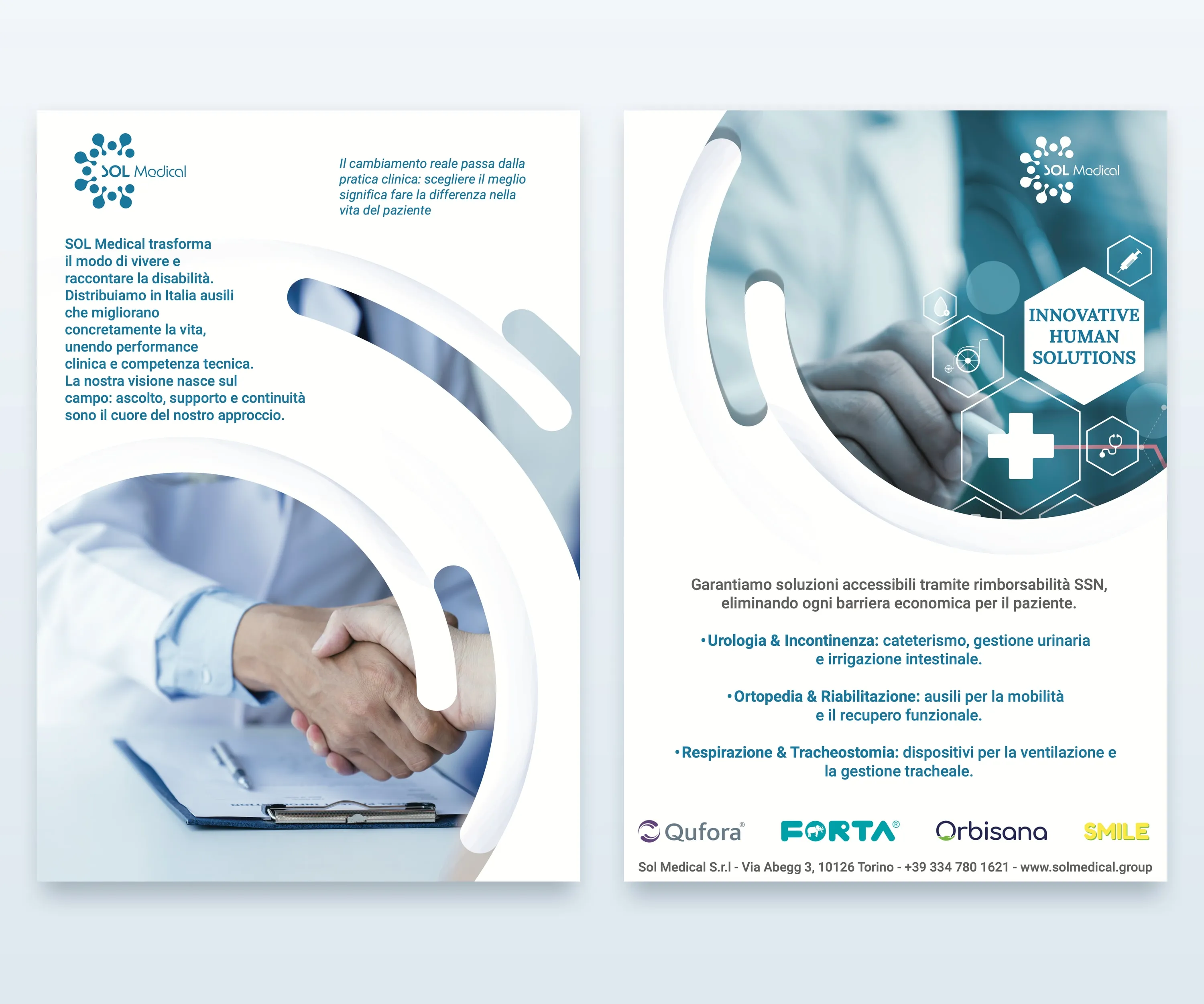 The A5 flyer, front and back, on a pale background. The front: the logo, a presentation of SOL Medical in Italian and a handshake over a clipboard, framed by white curves. The back: Innovative Human Solutions in a white hexagon over a hand writing and hexagon icons, a line on SSN reimbursement, the three areas, and the Qufora, FORTA, Orbisana and SMILE logos
