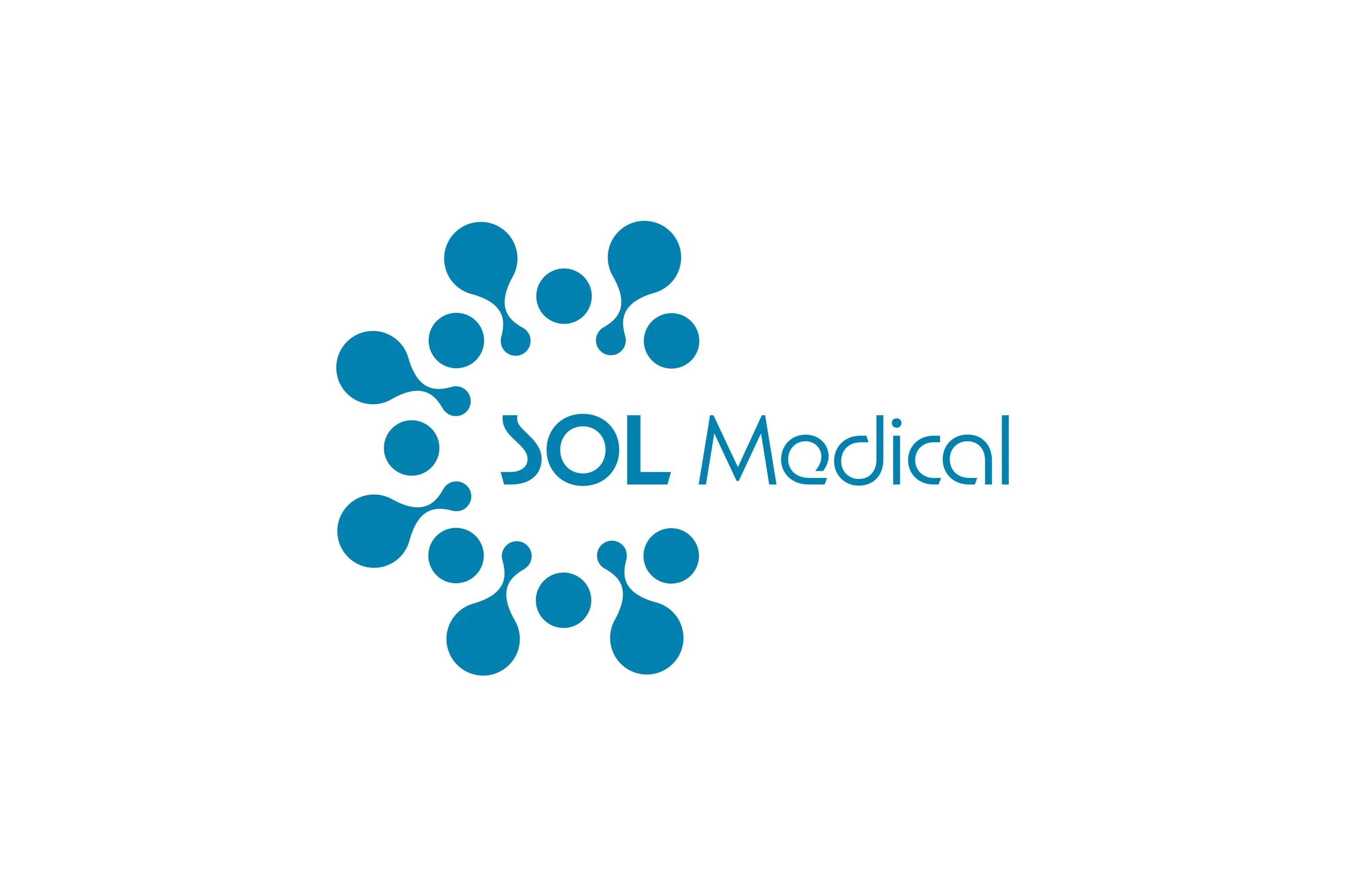 The full SOL Medical logo in cerulean on white: a ring of circles, some joined by short stems, open on the right, with the name SOL Medical set in the opening