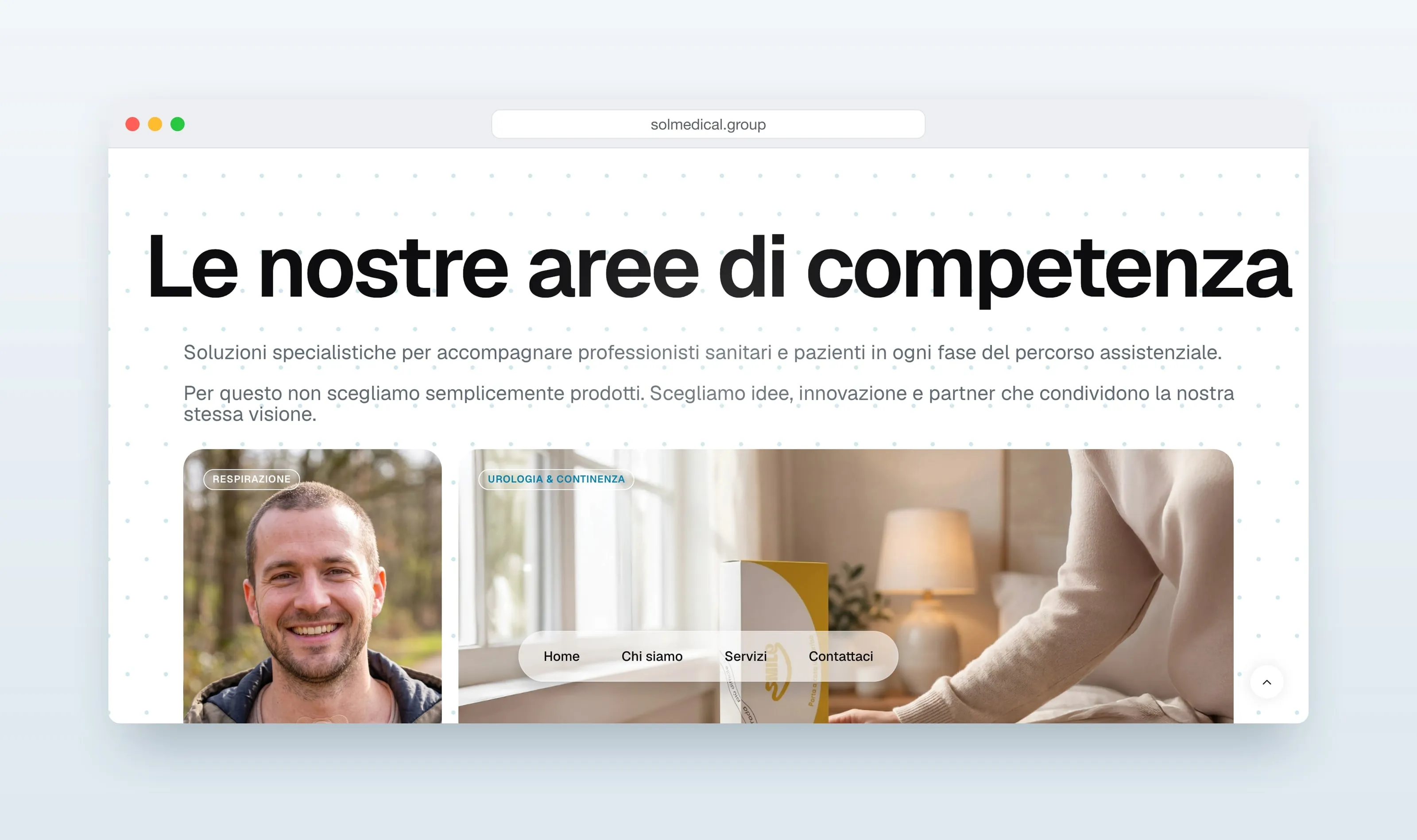 Mockup of a browser window on solmedical.group: Le nostre aree di competenza in very large black letters on white dotted with pale blue, two short paragraphs, and two photo cards, Respirazione with a smiling man among trees and Urologia & Continenza with a person on a bed reaching for a SMILE box on the bedside table, under the floating menu
