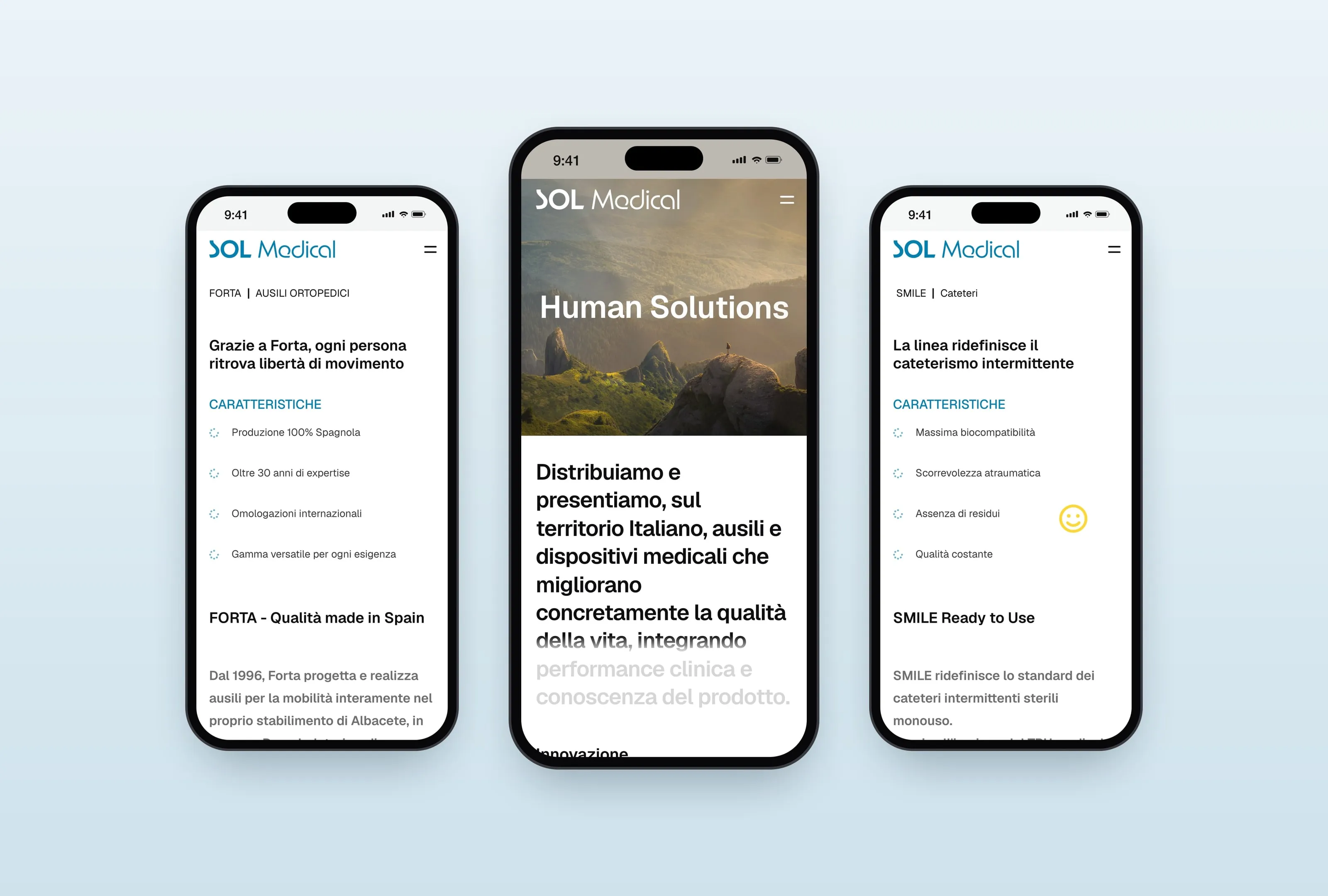 Mockup of three phones showing solmedical.group: the FORTA page with its headline and characteristics, the homepage with Human Solutions over the mountain landscape and the introduction appearing word by word, and the SMILE page with its headline, its characteristics and a yellow smiley