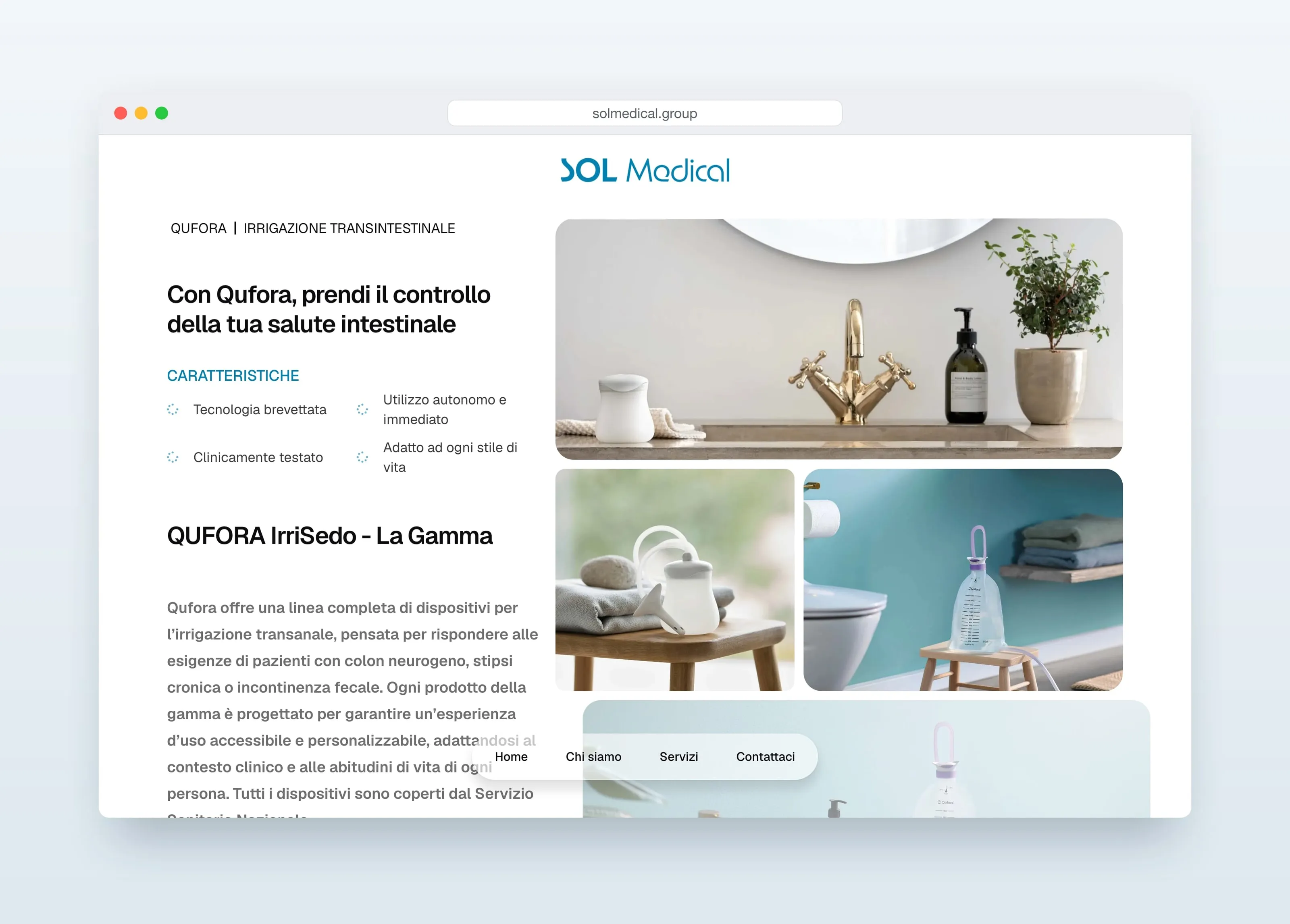Mockup of a browser window on the QUFORA page of solmedical.group: QUFORA, Irrigazione transintestinale, the headline Con Qufora, prendi il controllo della tua salute intestinale, four characteristics and the start of the range, beside photographs of the devices on a bathroom basin, on a wooden stool and below a towel shelf