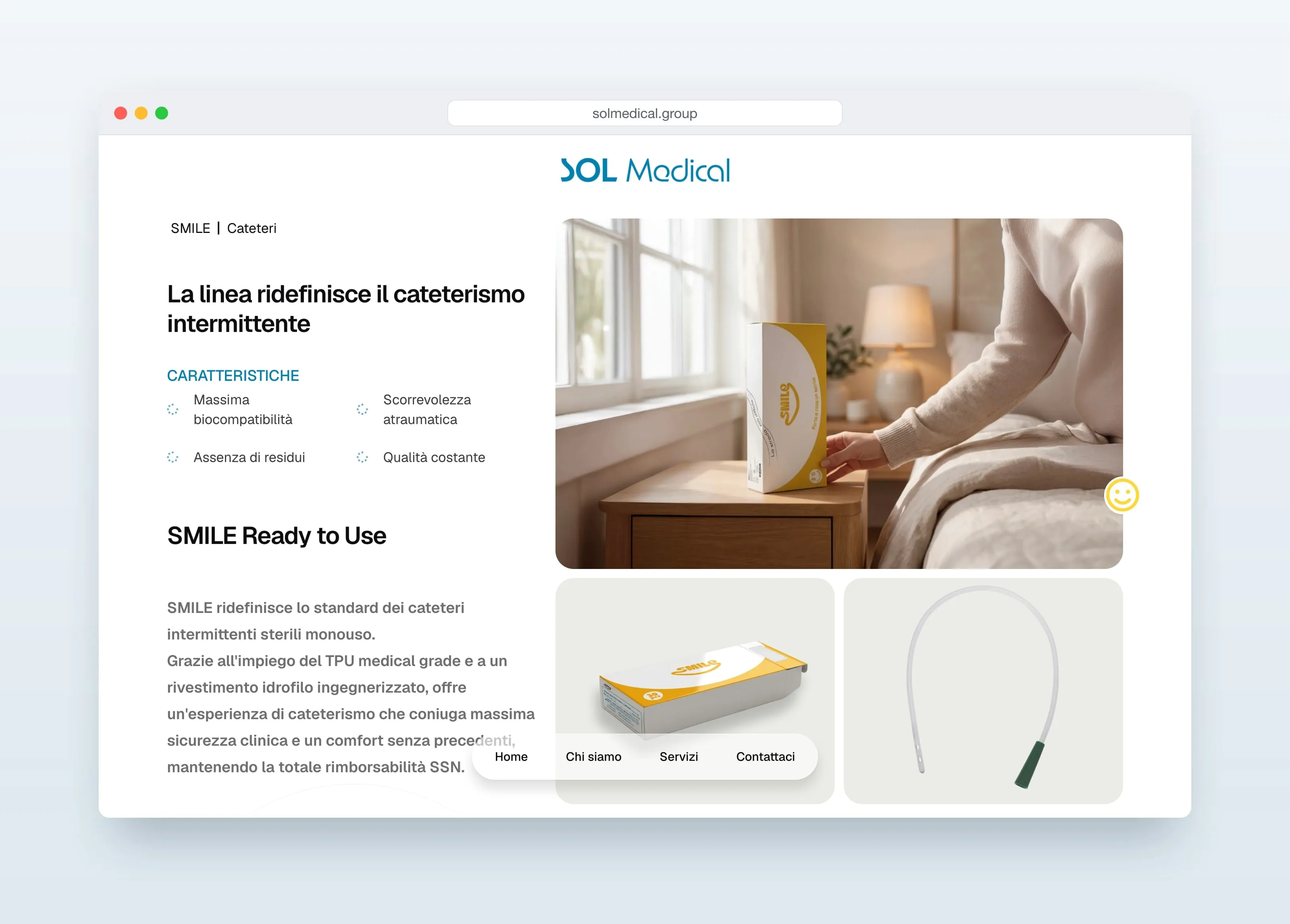 Mockup of a browser window on the SMILE page of solmedical.group: SMILE, Cateteri, the headline La linea ridefinisce il cateterismo intermittente, four characteristics and SMILE Ready to Use, beside a photograph of a person on a bed reaching for a SMILE box, a photograph of the box and one of a catheter, with a yellow smiley at the edge