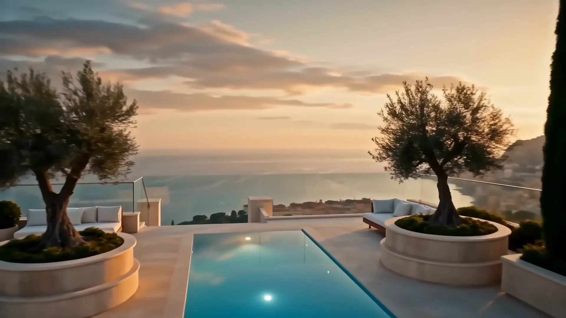 A terrace with a pool, olive trees in stone planters and the sea at sunset, AI-generated frame