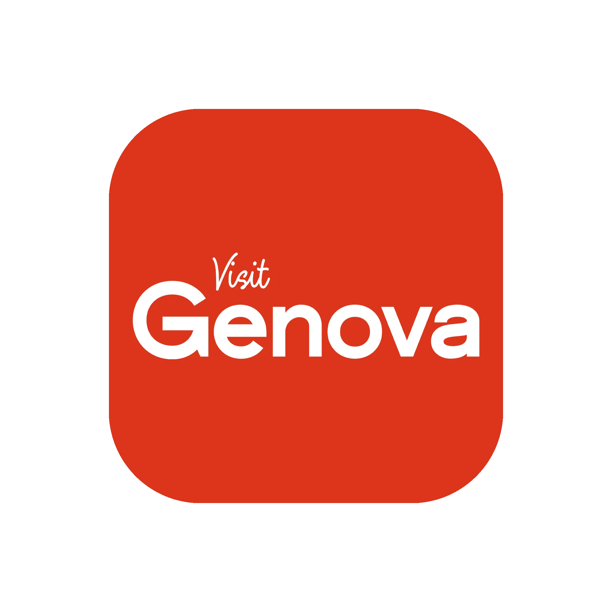 The Visit Genova app icon: a red rounded square with Visit in white script above Genova in bold white letters
