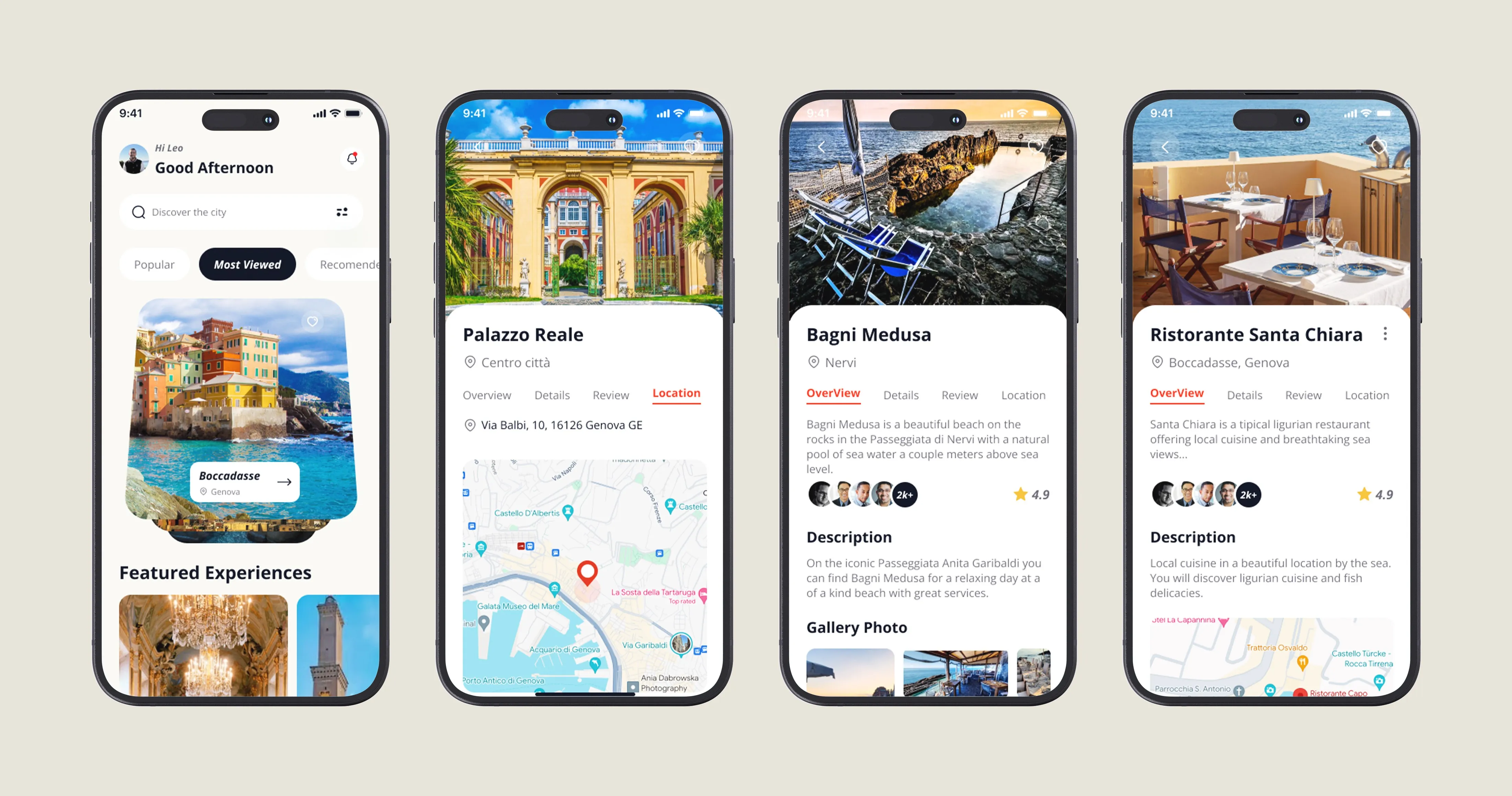Mockup of four phones showing screens of the Visit Genova app