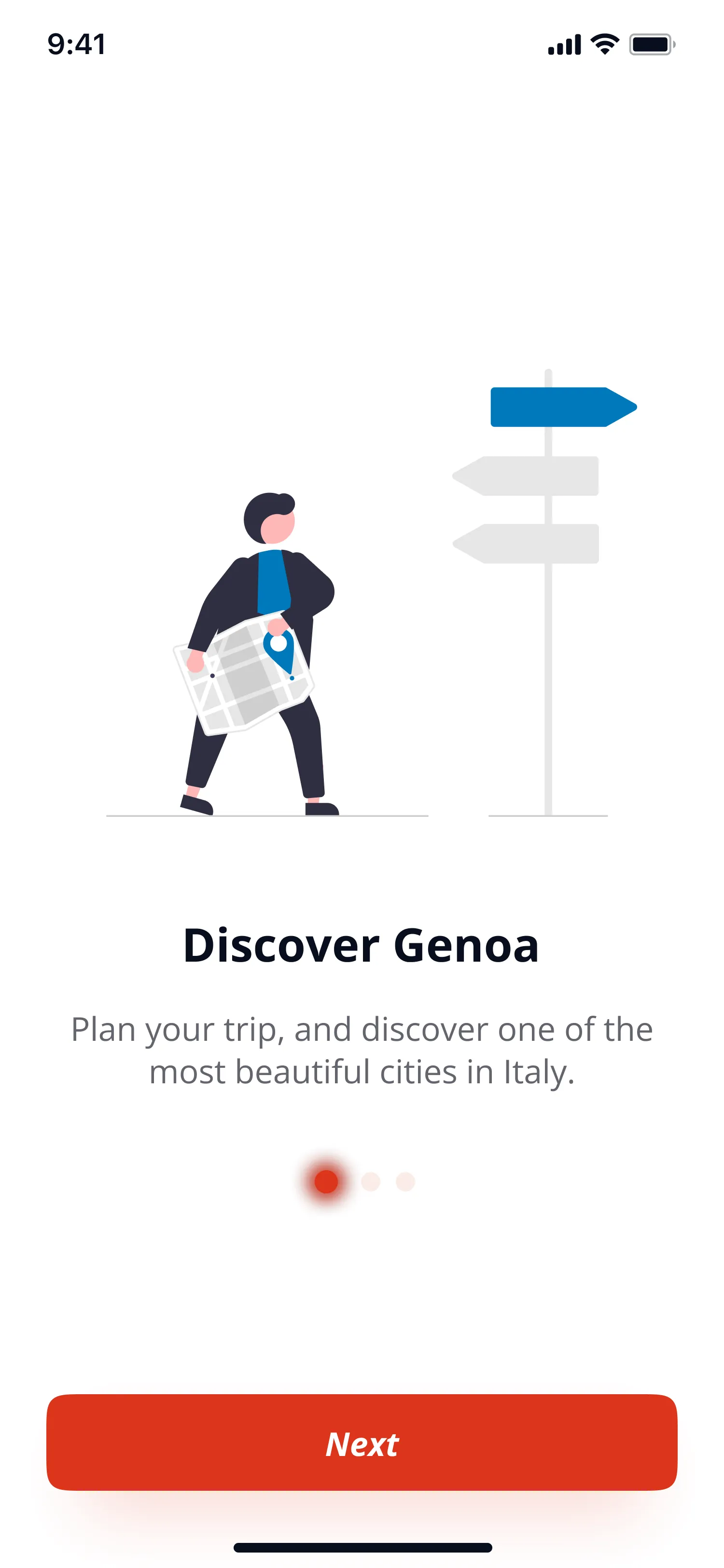 The first onboarding screen, Discover Genoa, with an illustrated traveller holding a map beside a signpost, three page dots and a red Next button
