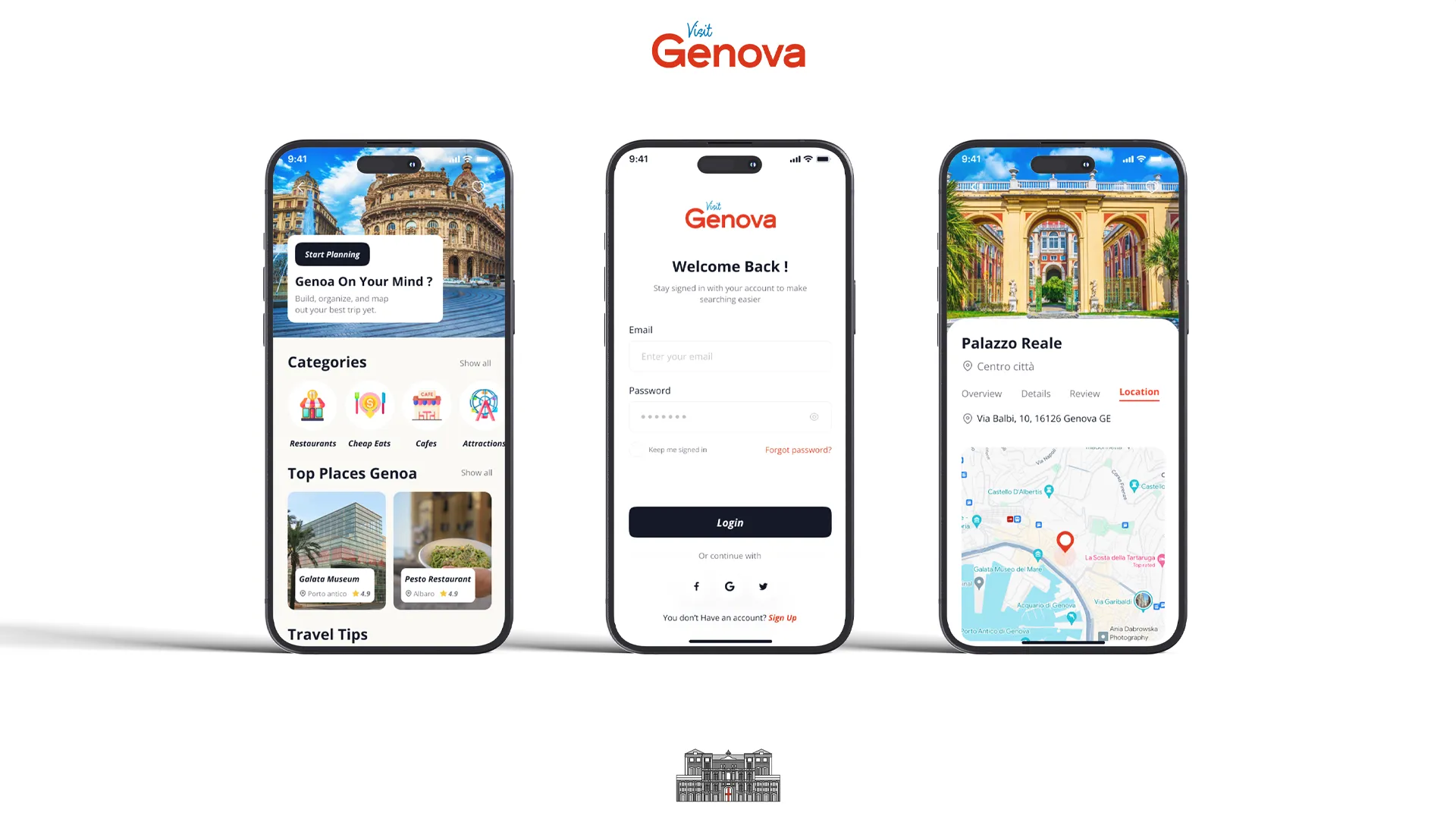 The Visit Genova name, Visit in blue script above Genova in red, above three phone mockups showing the home page, the sign-in screen and the Palazzo Reale page, with a small line drawing of a palace facade at the bottom